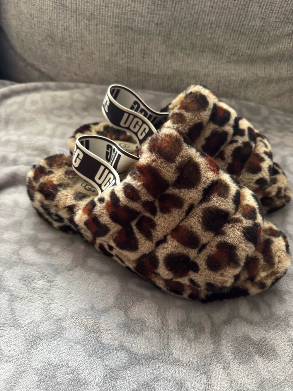 UGG Leopard Print Fluff Slippers with Branded Heel Strap - Brown/Tan